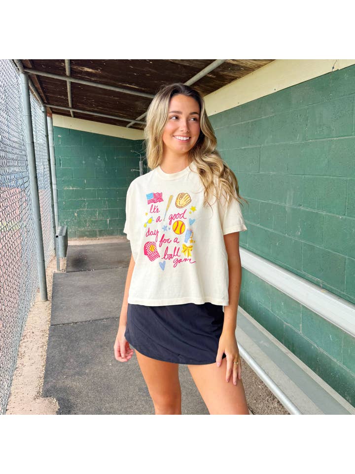 Poppy & Pine - Wholesale Screen Printed T-Shirt - Women's - It's A Good Day for a Ball Game Crop Tee