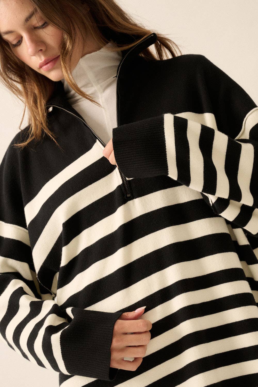 Promesa USA - Wholesale Dress - Women's - Striped Knit Collared Half-Zip Mini Sweater Dress1