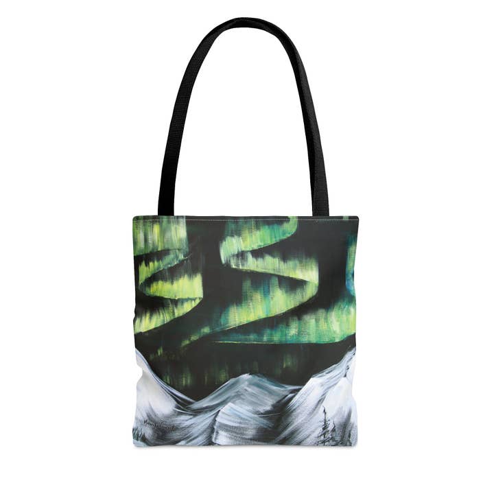 Aurora Over Mountains small tote bag for wholesale by Artist Makara Thach Sernett