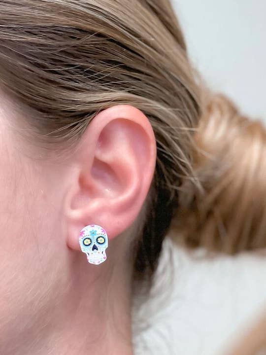 Printed Sugar Skull Stud Earrings for wholesale by Prep Obsessed Wholesale