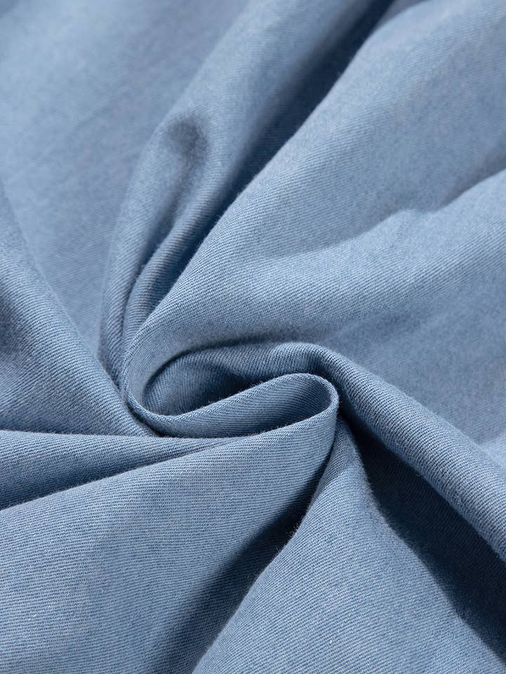 Blue Frilly Pleated Button Back Retro Chambray Top for wholesale on Faire5