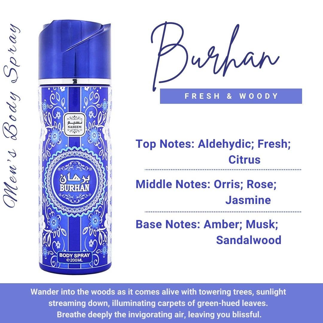 NASEEM – Perfume/Eau de Toilette por atacado – Spray Corporal Burhan Fragrância Masculina Fresh & Woody 200 ml1