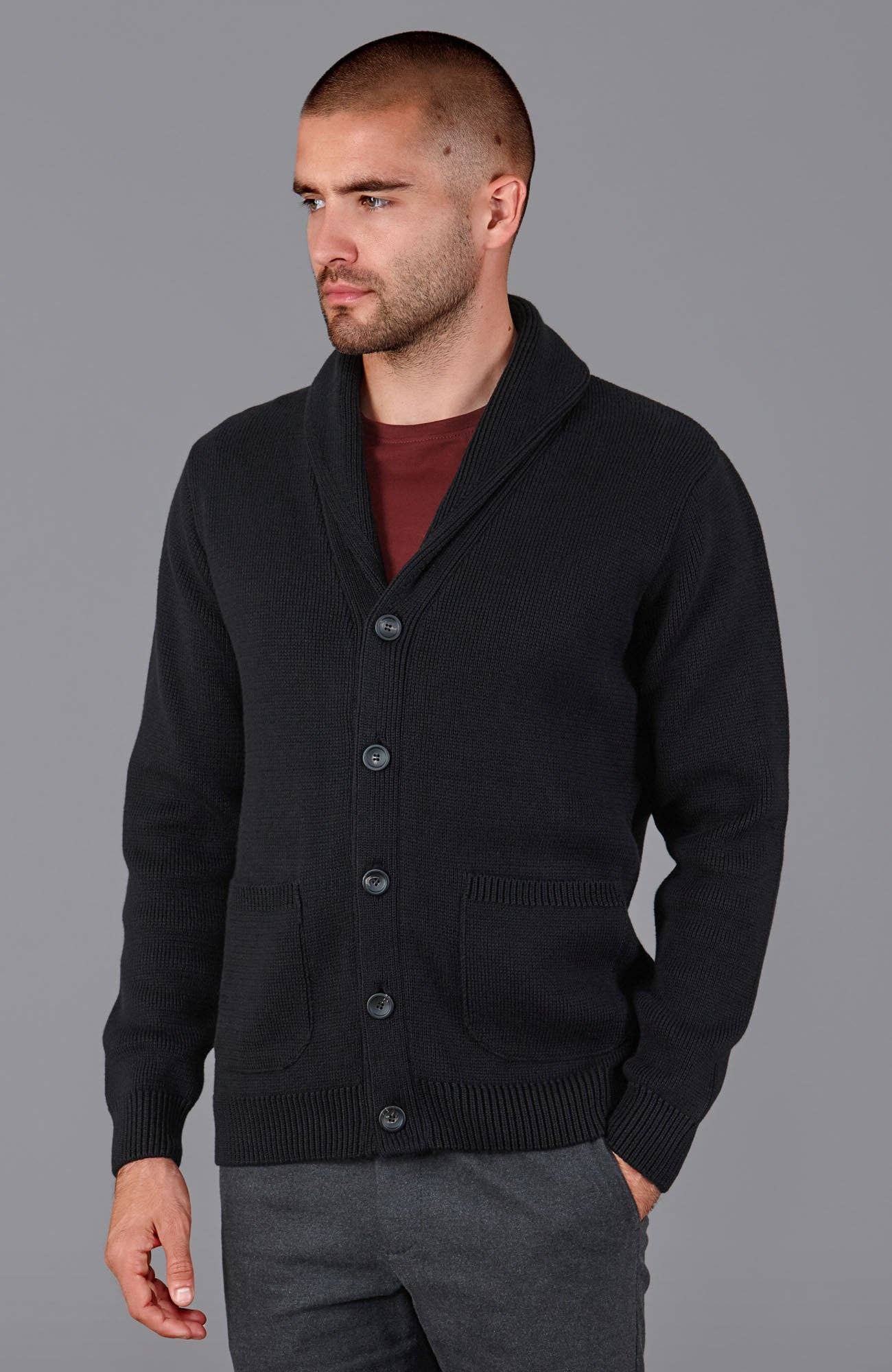 Paul James Knitwear – wholesale Kofta - Herr – Mens Midweight 100% Bomull Sjal Krage Cardigan0