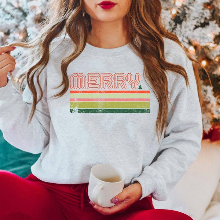 Merry With Stripes Crew Sweatshirt for wholesale by Peach Closet