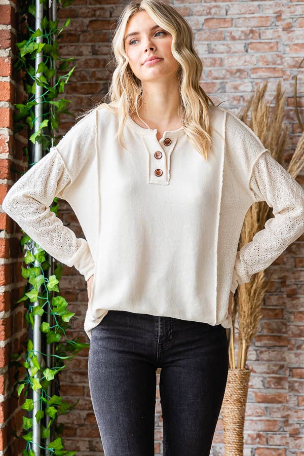 7th Ray - Vente Haut en maille – femme - Haut à manches longues en mélange de coton avec contraste en dentelle et boutons devant T525324