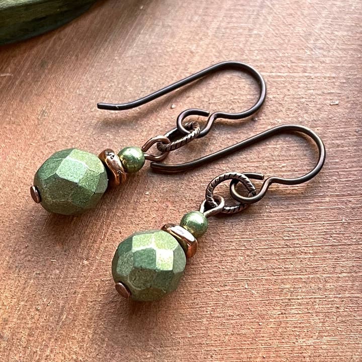 Fern Green Copper Dangle Drop Earrings Glass Hypoallergenic for wholesale by Vintage Earth
