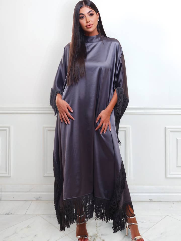 Ivana Fringe Slate Gray Caftan Dress for wholesale by Unmatched BYU