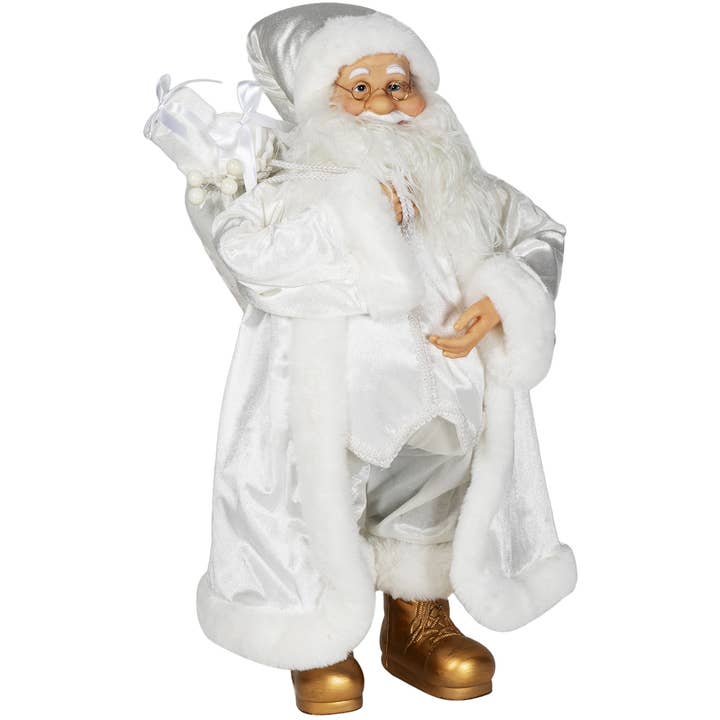 Julemand stående m/gaver, hvid/sølv, polyester, 66 cm for engroshandel hos Dekoratief