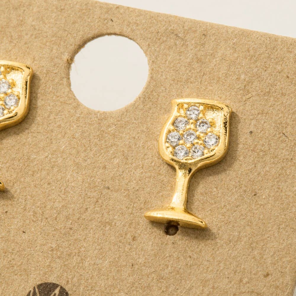 Fame Accessories - Wholesale Stud/Post Earrings - Gold Dipped Mini Pave Wine Glass Stud Earrings2
