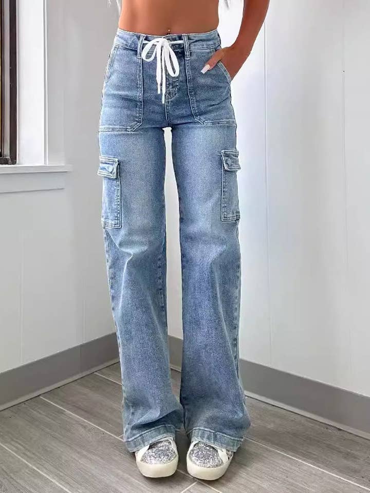Light Blue Lace-Up Multi-Pocket Straight-Leg Denim Jeans for wholesale on Faire