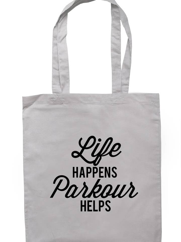 Life Happens Parkour Helps Tote Bag K2520 for wholesale by Illustrated Identity