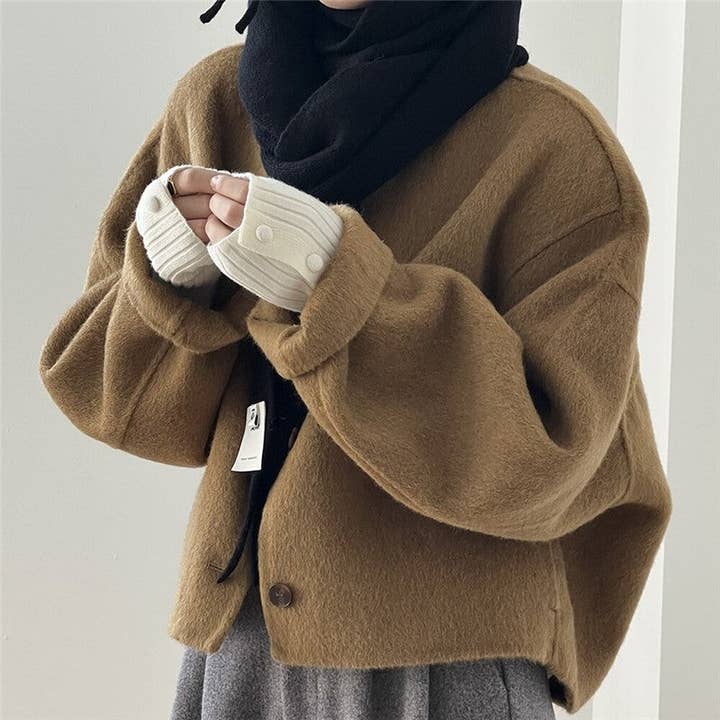 FurDecoration - Wholesale Coat - Women's - Solid Color Short Round Neck Reversible Wool Coat