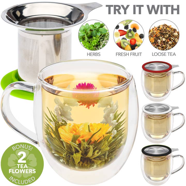 Teabloom - Wholesale Coffee Mug - Teabloom VENICE Double Wall Glass Mug with Infuser & Lid