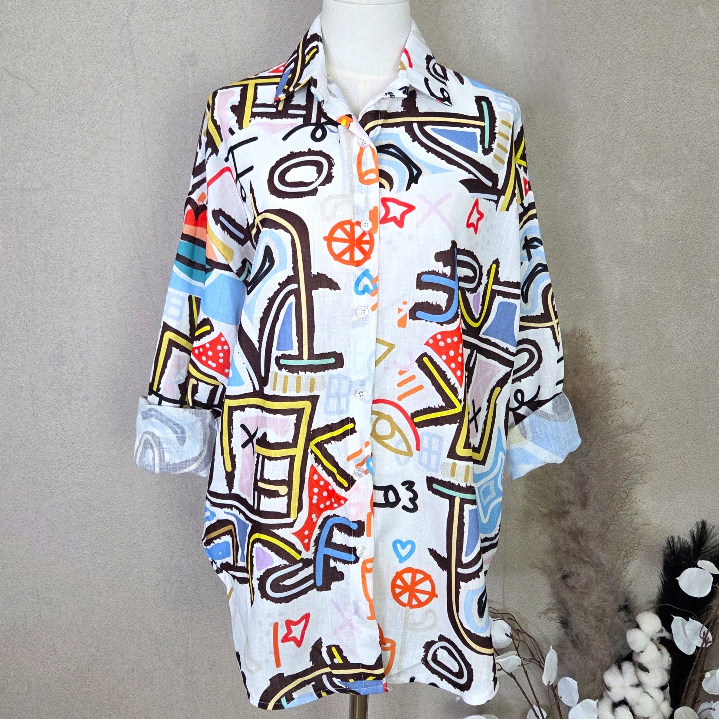 Tempest Designs – wholesale Buttoned-down shirt – Women's – Cotton mix shirt with random chaos print (M-L)0