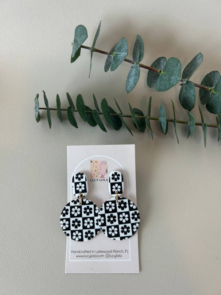 Checkerboard Flower Print Circles - Black on White for wholesale by lucylola