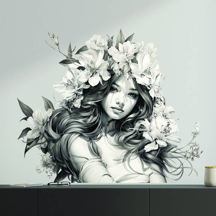 Vinilo decorativo de pared: mujer impresionante con flores en el cabello - mural artístico de vinilo juvenil y elegante para venta al por mayor de Decords