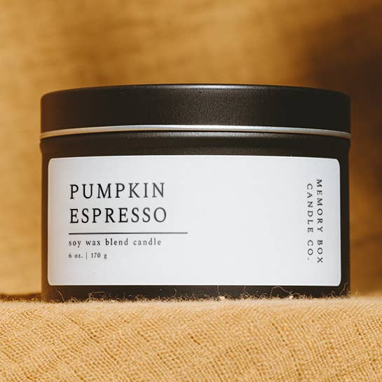 Soy Candle - Pumpkin Espresso - 6 oz. Black Tin for wholesale by Memory Box Candle Co.