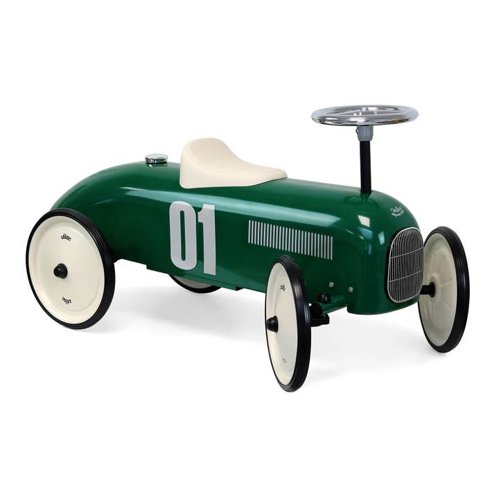 Vilal Metal British Racing Green Ride-On Car Vintage Style for wholesale by Hippychick