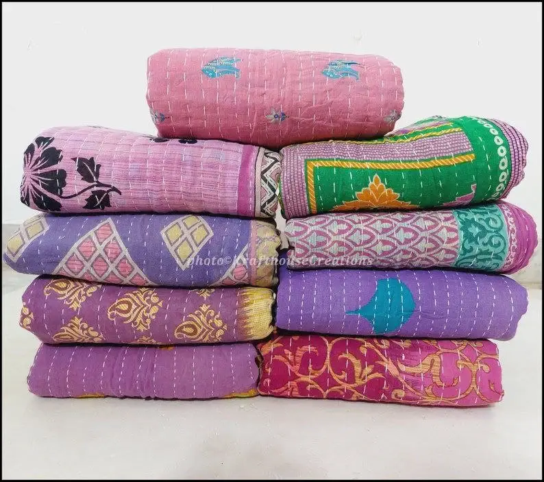 Bhawana Handicrafts - Wholesale Quilt - 5 Piece Lot, Indian Sari Quilt Handmade Throw Blanket Antiqu6