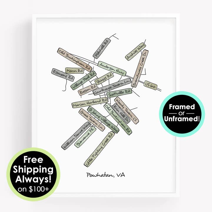 Powhatan Virginia street names map print, street map poster for wholesale by Sparks House Co.