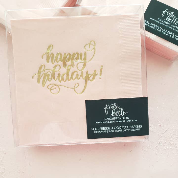 FioriBelle - Wholesale Disposable Napkin - Gold Foil Pink Christmas Napkins - Happy Holidays Napkin