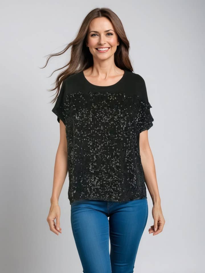 Sequin Front S/S Knit Top D28739 Black for wholesale by Dantelle Apparel