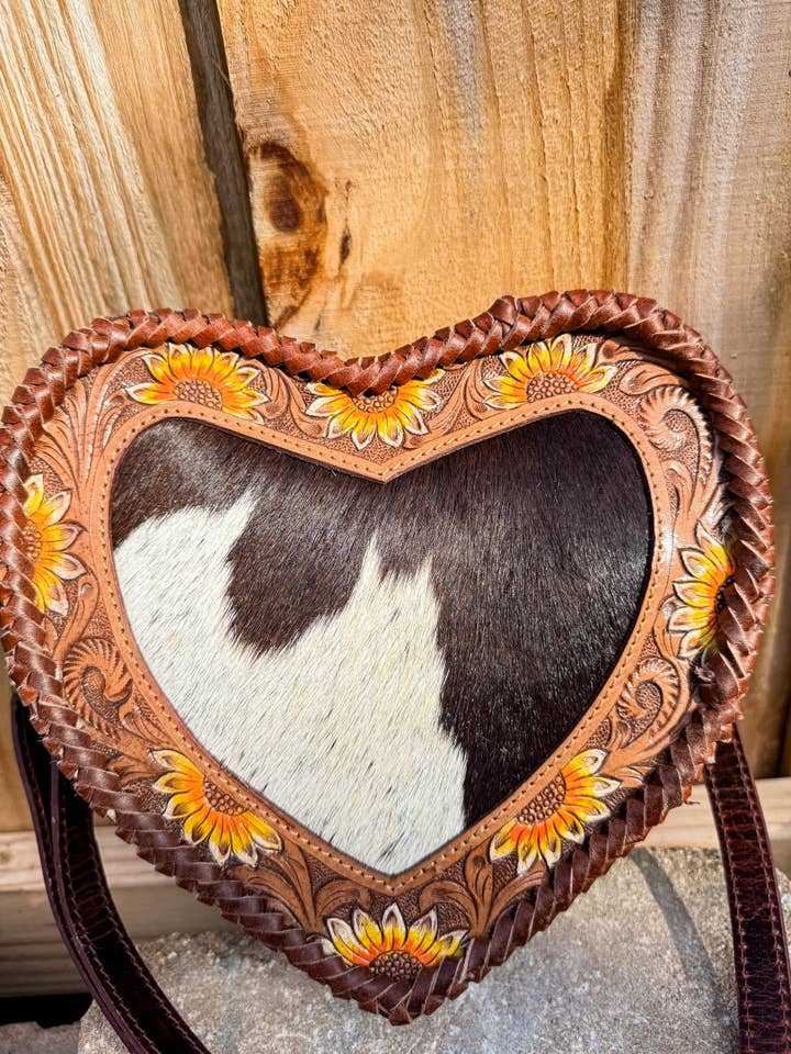 Sunflower Sweetheart Crossbody | Tooled Leather & Cowhide Heart Purse for wholesale by East Coast Carry