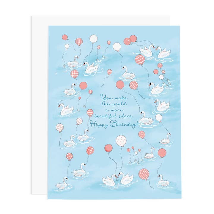 Swans and Balloons Greeting Card for wholesale by Ramus & Co.