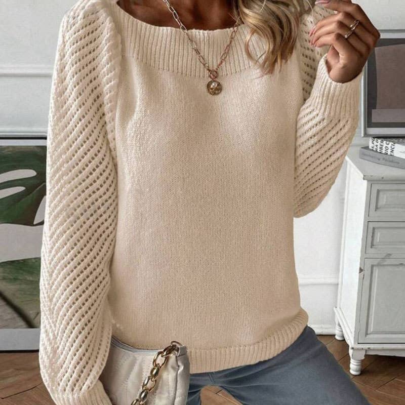 Beige plain open knit sleeve patchwork pullover jumper for wholesale on Faire1