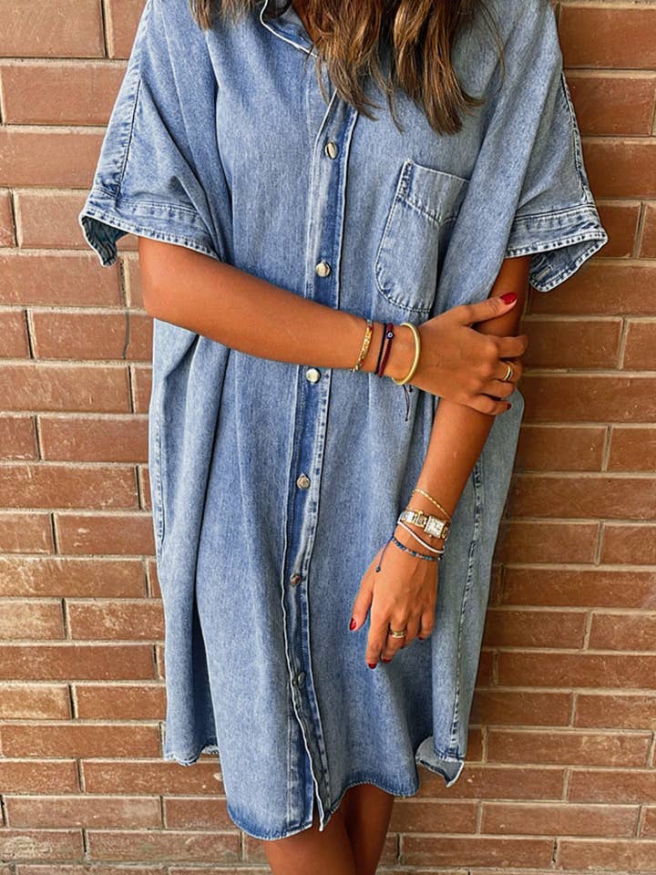 Light Blue Loose Medium Wash Chambray Dress with Short Sleeves for wholesale on Faire4
