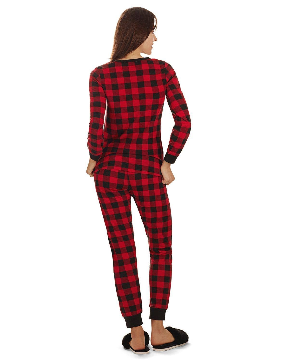 Black Red Buffalo Plaid Long Sleeve Tapered Bottom 2 Piece Pajama Set for wholesale on Faire1