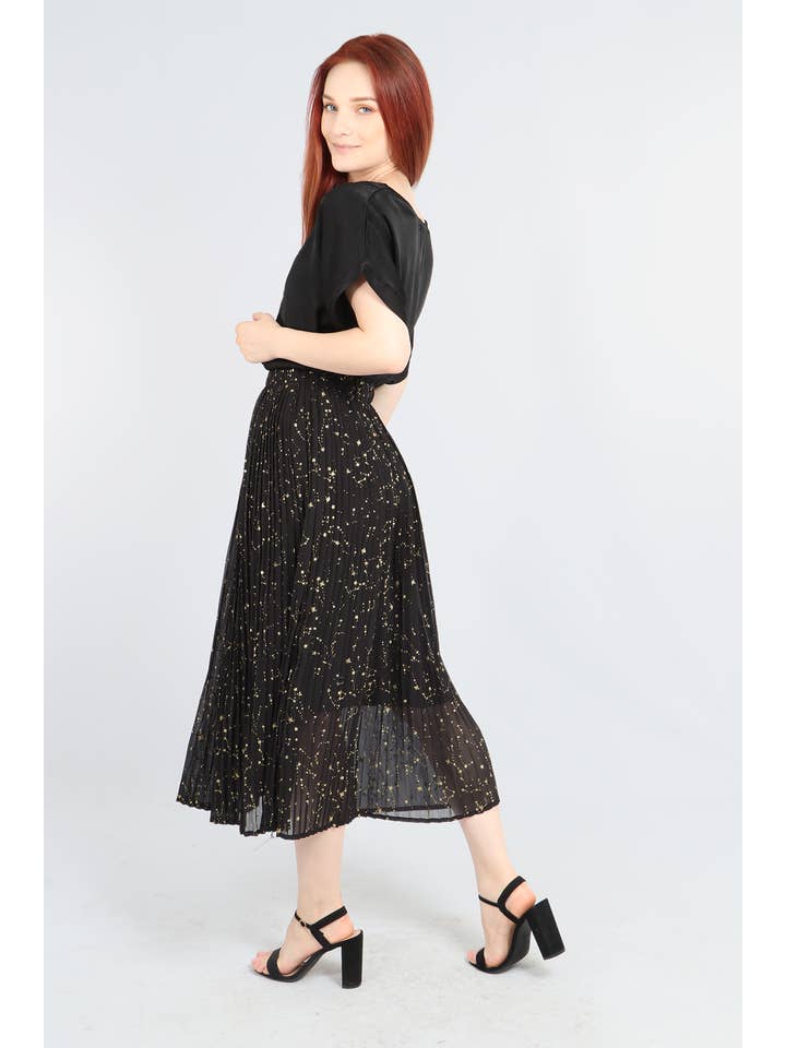 Sarta - Wholesale Skirt - Women's - Black Gold Constellation Print Pleated Skirt2