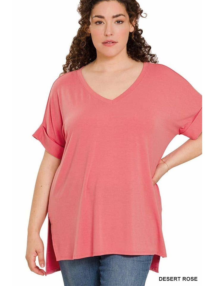 42POPS - Wholesale Tunic - Women's - `"..._ Plus size V Neck Top w/ side-slit