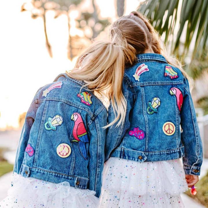 Veste en jean patchée Back to Our Roots pour filles pour la vente par Three Wildflower Designs