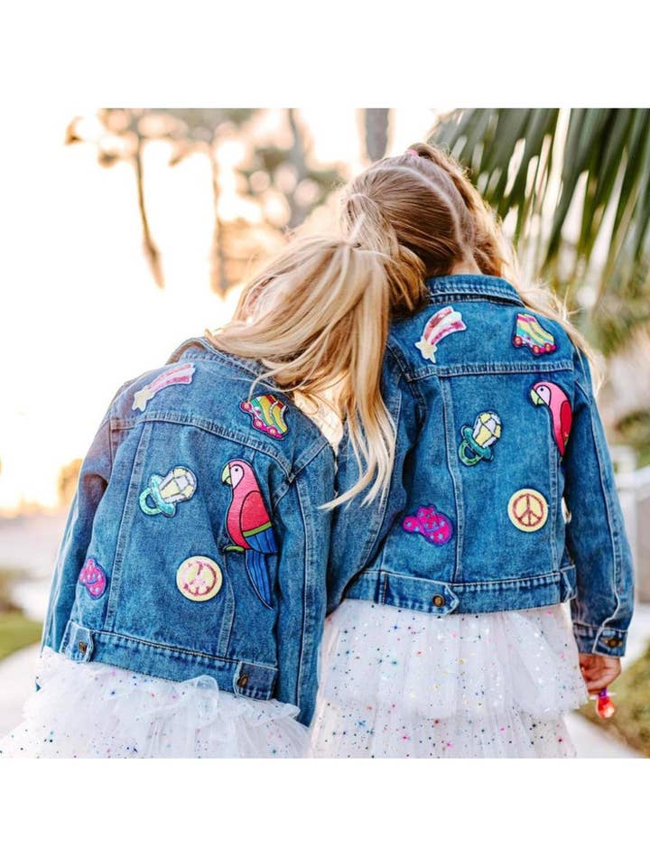 Veste en jean patchée Back to Our Roots pour filles pour la vente par Three Wildflower Designs