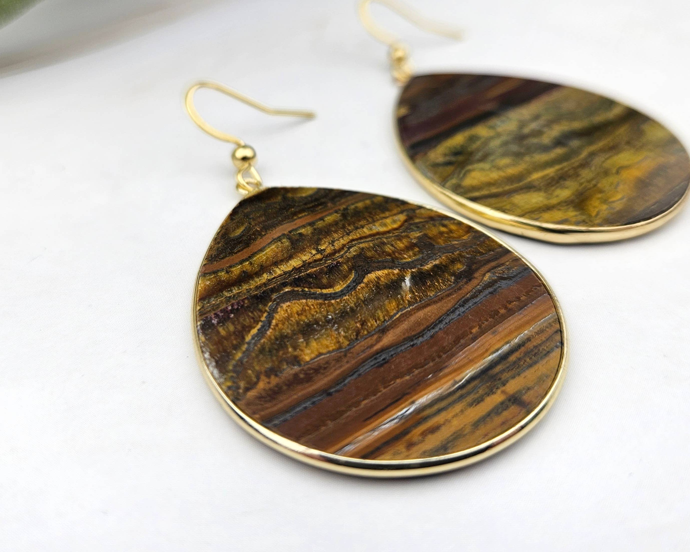 WonderLight Jewelry - Vente Boucles d'oreilles pendantes - Boucles d'oreilles plates en forme de larme - Tigers Eye/Power1