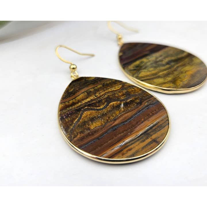 WonderLight Jewelry - Wholesale Dangle Earrings - Flat Teardrop Earrings - Tigers Eye / Power1