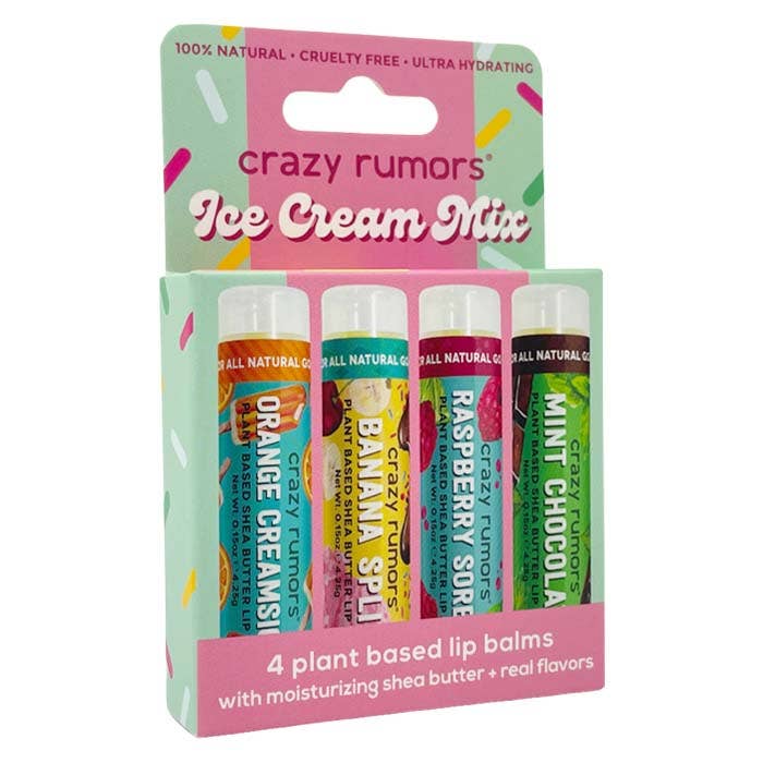 Crazy Rumors - Wholesale Lip Balm Set - All Natural, Vegan Ice Cream Mix - 4 Pack Lip Balm Gift Box