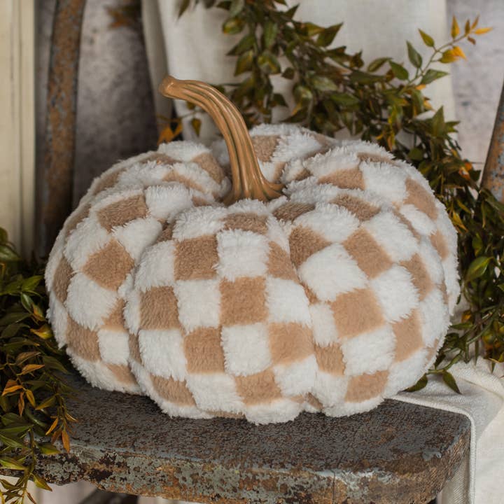 9.75" BROWN & CREAM CHECK FABRIC PUMPKIN for wholesale by Ragon House