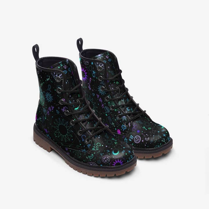 Black Celestial Boots, Combat Boots Women, Witchy Boots, Handcrafted Boots, Ankle Boots, Boots Womens, Hippie Boots, Celestial Gifts, Astral Print for wholesale on Faire