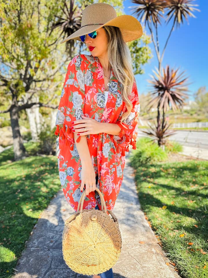 Coral Floral Print 3/4 Sleeve With Tassel Chiffon Kimono for wholesale on Faire