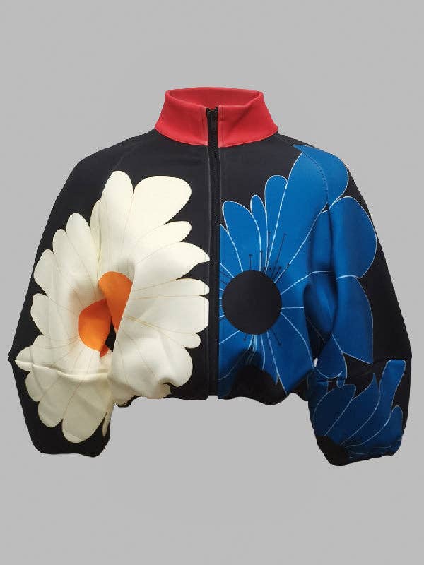 BLACK Contrast Color Flower Print Zipper Stand Collar Jackets Outerwear for wholesale on Faire3