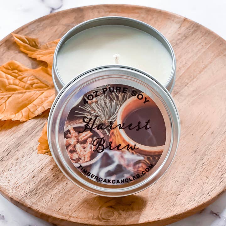 HARVEST BREW | 4oz TIN | FALL | 100% Pure Soy Candle for wholesale by Timber Oak Candles