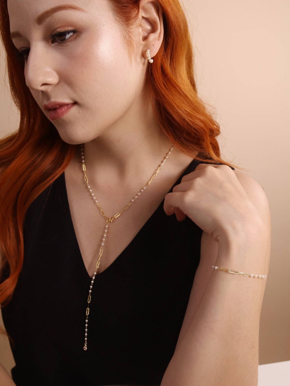 GoldFi - Wholesale Link & Chain Bracelet - 18k Gold Filled Diamond Cut Paperclip & Pearls Bracelet3