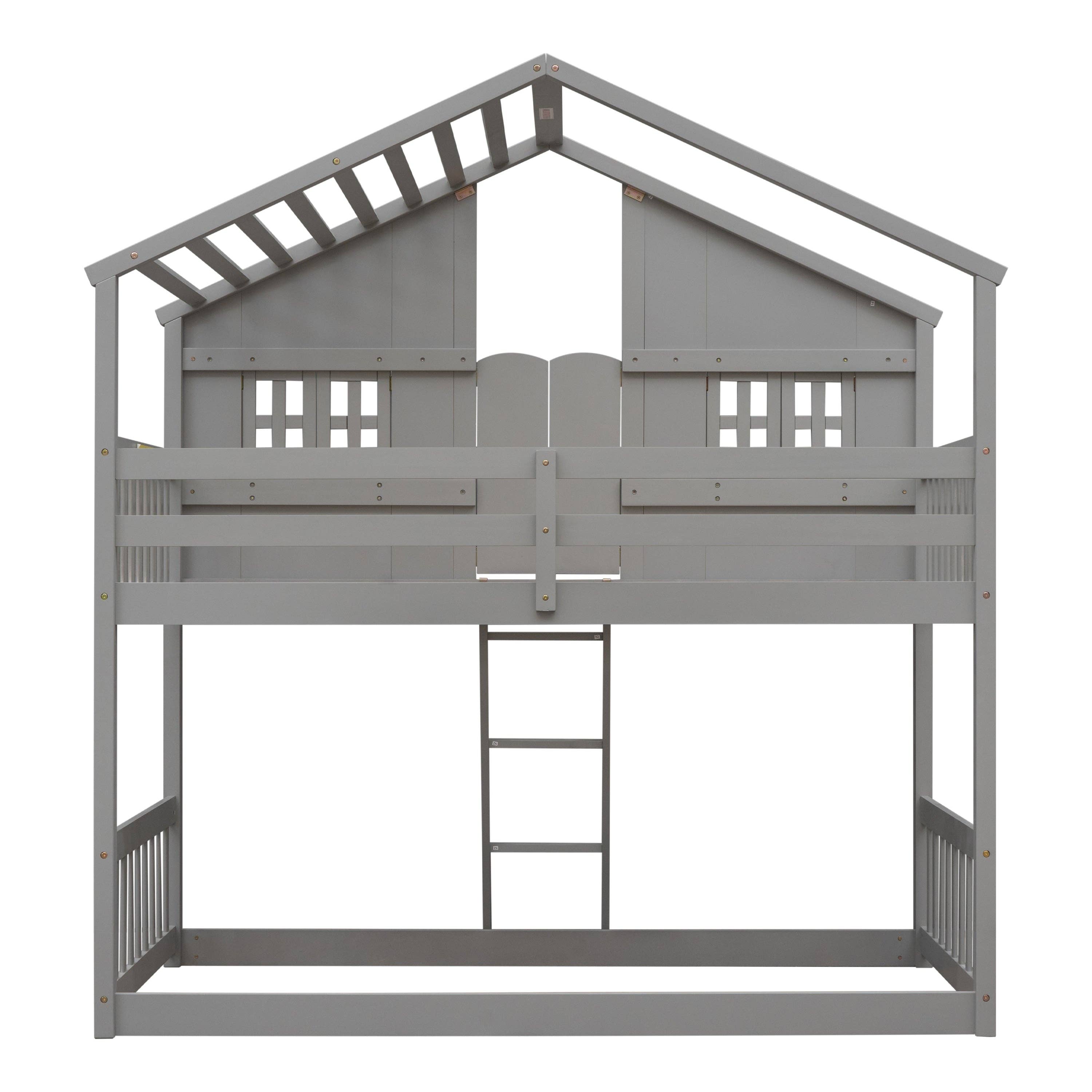 39F Inc. - Wholesale Bed - Kids & Baby - Grey Twin over Twin House Bunk Bed with Roof, Guardrails 16