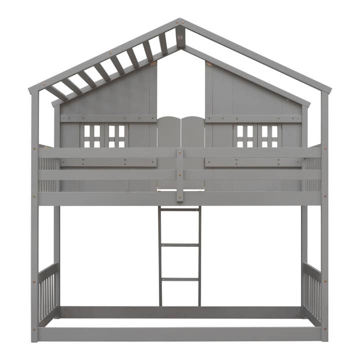 39F Inc. - Wholesale Bed - Kids & Baby - Grey Twin over Twin House Bunk Bed with Roof, Guardrails 16
