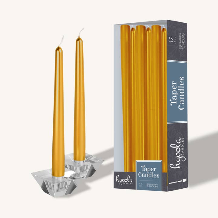 Metalen goudkleurige taps toelopende kaarsen, 12 inch, 12 stuks voor wholesale door Hyoola Candles