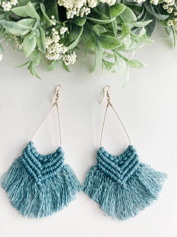 Boho Macrame Earrings "Teal" for wholesale by Harris Girls & Co.