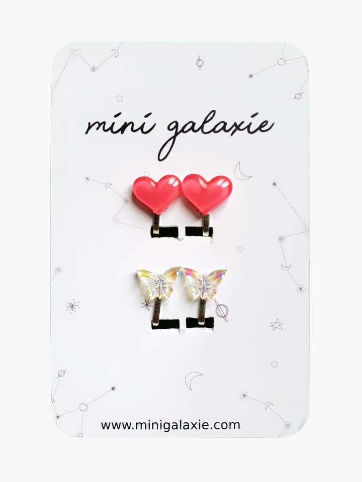 Pink hearts and butterfly clip-on earrings for children for wholesale by Mini galaxie