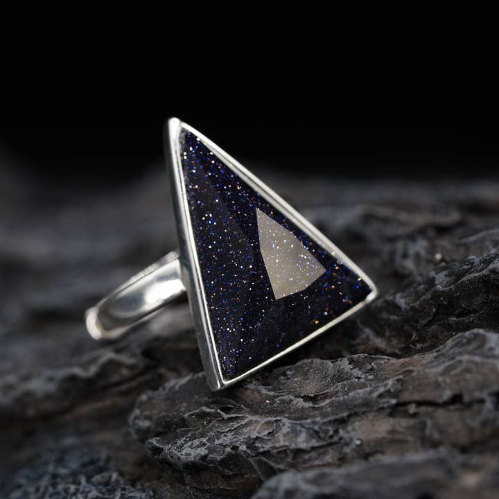 Black Feather Design – wholesale Cocktail/statement ring – Geometric Blue Goldstone Ring - 925 Silver - Adjustable7